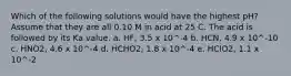 Which of the following solutions would have the highest pH? Assume that they are all 0.10 M in acid at 25 C. The acid is followed by its Ka value. a. HF, 3.5 x 10^-4 b. HCN, 4.9 x 10^-10 c. HNO2, 4.6 x 10^-4 d. HCHO2, 1.8 x 10^-4 e. HClO2, 1.1 x 10^-2