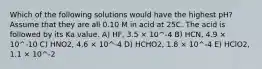 Which of the following solutions would have the highest pH? Assume that they are all 0.10 M in acid at 25C. The acid is followed by its Ka value. A) HF, 3.5 × 10^-4 B) HCN, 4.9 × 10^-10 C) HNO2, 4.6 × 10^-4 D) HCHO2, 1.8 × 10^-4 E) HClO2, 1.1 × 10^-2