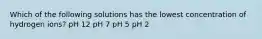 Which of the following solutions has the lowest concentration of hydrogen ions? pH 12 pH 7 pH 5 pH 2