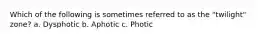 Which of the following is sometimes referred to as the "twilight" zone? a. Dysphotic b. Aphotic c. Photic