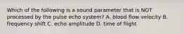 Which of the following is a sound parameter that is NOT processed by the pulse echo system? A. blood flow velocity B. frequency shift C. echo amplitude D. time of flight