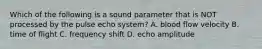 Which of the following is a sound parameter that is NOT processed by the pulse echo system? A. blood flow velocity B. time of flight C. frequency shift D. echo amplitude