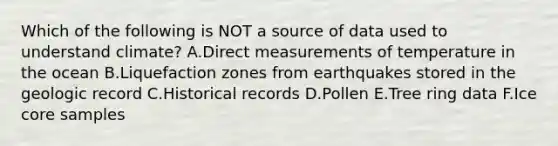 Which of the following is NOT a source of data used to understand climate? A.Direct measurements of temperature in the ocean B.Liquefaction zones from earthquakes stored in the geologic record C.Historical records D.Pollen E.Tree ring data F.Ice core samples