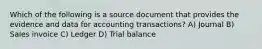 Which of the following is a source document that provides the evidence and data for accounting transactions? A) Journal B) Sales invoice C) Ledger D) Trial balance