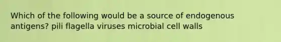 Which of the following would be a source of endogenous antigens? pili flagella viruses microbial cell walls