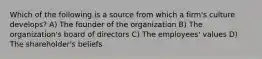 Which of the following is a source from which a firm's culture develops? A) The founder of the organization B) The organization's board of directors C) The employees' values D) The shareholder's beliefs