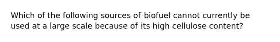 Which of the following sources of biofuel cannot currently be used at a large scale because of its high cellulose content?