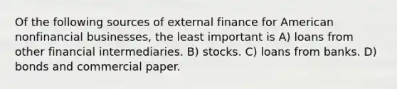 Of the following sources of external finance for American nonfinancial businesses, the least important is A) loans from other financial intermediaries. B) stocks. C) loans from banks. D) bonds and commercial paper.