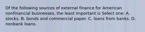 Of the following sources of external finance for American nonfinancial businesses, the least important is Select one: A. stocks. B. bonds and commercial paper. C. loans from banks. D. nonbank loans.