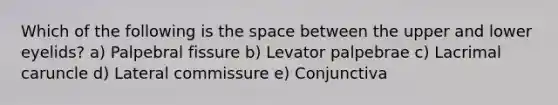 Which of the following is the space between the upper and lower eyelids? a) Palpebral fissure b) Levator palpebrae c) Lacrimal caruncle d) Lateral commissure e) Conjunctiva