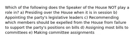 Which of the following does the Speaker of the House NOT play a role in? a) Presiding over the House when it is in session b) Appointing the party's legislative leaders c) Recommending which members should be expelled from the House from failure to support the party's positions on bills d) Assigning most bills to committees e) Making committee assignments