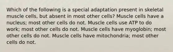 Which of the following is a special adaptation present in skeletal muscle cells, but absent in most other cells? Muscle cells have a nucleus; most other cells do not. Muscle cells use ATP to do work; most other cells do not. Muscle cells have myoglobin; most other cells do not. Muscle cells have mitochondria; most other cells do not.