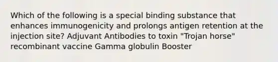 Which of the following is a special binding substance that enhances immunogenicity and prolongs antigen retention at the injection site? Adjuvant Antibodies to toxin "Trojan horse" recombinant vaccine Gamma globulin Booster