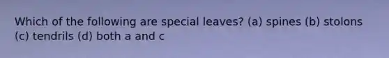Which of the following are special leaves? (a) spines (b) stolons (c) tendrils (d) both a and c