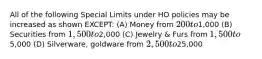 All of the following Special Limits under HO policies may be increased as shown EXCEPT: (A) Money from 200 to1,000 (B) Securities from 1,500 to2,000 (C) Jewelry & Furs from 1,500 to5,000 (D) Silverware, goldware from 2,500 to25,000