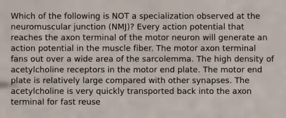 Which of the following is NOT a specialization observed at the neuromuscular junction (NMJ)? Every action potential that reaches the axon terminal of the motor neuron will generate an action potential in the muscle fiber. The motor axon terminal fans out over a wide area of the sarcolemma. The high density of acetylcholine receptors in the motor end plate. The motor end plate is relatively large compared with other synapses. The acetylcholine is very quickly transported back into the axon terminal for fast reuse