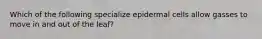 Which of the following specialize epidermal cells allow gasses to move in and out of the leaf?