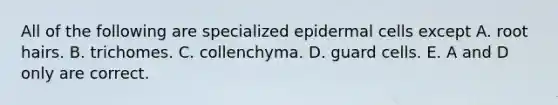 All of the following are specialized epidermal cells except A. root hairs. B. trichomes. C. collenchyma. D. guard cells. E. A and D only are correct.