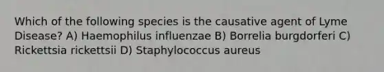 Which of the following species is the causative agent of Lyme Disease? A) Haemophilus influenzae B) Borrelia burgdorferi C) Rickettsia rickettsii D) Staphylococcus aureus