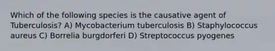 Which of the following species is the causative agent of Tuberculosis? A) Mycobacterium tuberculosis B) Staphylococcus aureus C) Borrelia burgdorferi D) Streptococcus pyogenes