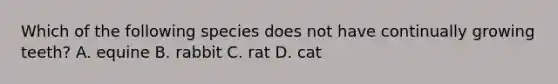 Which of the following species does not have continually growing teeth? A. equine B. rabbit C. rat D. cat