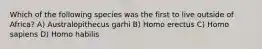Which of the following species was the first to live outside of Africa? A) Australopithecus garhi B) Homo erectus C) Homo sapiens D) Homo habilis