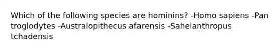 Which of the following species are hominins? -Homo sapiens -Pan troglodytes -Australopithecus afarensis -Sahelanthropus tchadensis