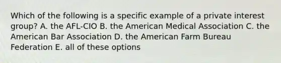 Which of the following is a specific example of a private interest group? A. the AFL-CIO B. the American Medical Association C. the American Bar Association D. the American Farm Bureau Federation E. all of these options