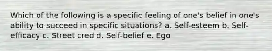 Which of the following is a specific feeling of one's belief in one's ability to succeed in specific situations? a. Self-esteem b. Self-efficacy c. Street cred d. Self-belief e. Ego