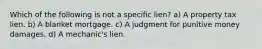 Which of the following is not a specific lien? a) A property tax lien. b) A blanket mortgage. c) A judgment for punitive money damages. d) A mechanic's lien.