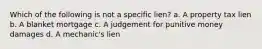 Which of the following is not a specific lien? a. A property tax lien b. A blanket mortgage c. A judgement for punitive money damages d. A mechanic's lien