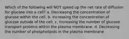 Which of the following will NOT speed up the net rate of diffusion for glucose into a cell? a. Decreasing the concentration of glucose within the cell. b. Increasing the concentration of glucose outside of the cell. c. Increasing the number of glucose transport proteins within the plasma membrane. d. Decreasing the number of phospholipids in the plasma membrane