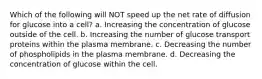 Which of the following will NOT speed up the net rate of diffusion for glucose into a cell? a. Increasing the concentration of glucose outside of the cell. b. Increasing the number of glucose transport proteins within the plasma membrane. c. Decreasing the number of phospholipids in the plasma membrane. d. Decreasing the concentration of glucose within the cell.