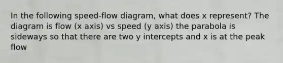 In the following speed-flow diagram, what does x represent? The diagram is flow (x axis) vs speed (y axis) the parabola is sideways so that there are two <a href='https://www.questionai.com/knowledge/kJdQktFvDS-y-intercept' class='anchor-knowledge'>y intercept</a>s and x is at the peak flow