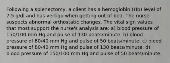 Following a splenectomy, a client has a hemoglobin (Hb) level of 7.5 g/dl and has vertigo when getting out of bed. The nurse suspects abnormal orthostatic changes. The vital sign values that most support the nurse's analysis are: a) blood pressure of 150/100 mm Hg and pulse of 130 beats/minute. b) blood pressure of 80/40 mm Hg and pulse of 50 beats/minute. c) blood pressure of 80/40 mm Hg and pulse of 130 beats/minute. d) blood pressure of 150/100 mm Hg and pulse of 50 beats/minute.