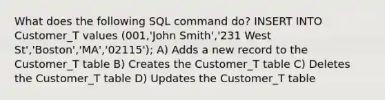 What does the following SQL command do? INSERT INTO Customer_T values (001,'John Smith','231 West St','Boston','MA','02115'); A) Adds a new record to the Customer_T table B) Creates the Customer_T table C) Deletes the Customer_T table D) Updates the Customer_T table