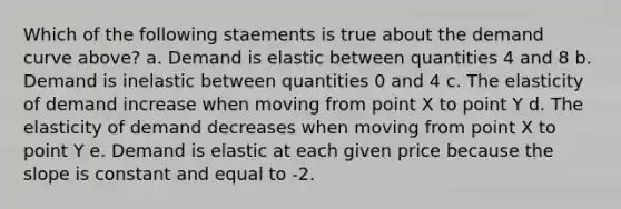 Which of the following staements is true about the demand curve above? a. Demand is elastic between quantities 4 and 8 b. Demand is inelastic between quantities 0 and 4 c. The elasticity of demand increase when moving from point X to point Y d. The elasticity of demand decreases when moving from point X to point Y e. Demand is elastic at each given price because the slope is constant and equal to -2.