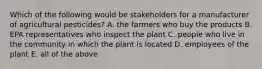 Which of the following would be stakeholders for a manufacturer of agricultural pesticides? A. the farmers who buy the products B. EPA representatives who inspect the plant C. people who live in the community in which the plant is located D. employees of the plant E. all of the above