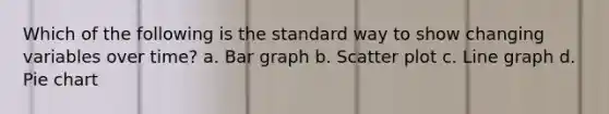 Which of the following is the standard way to show changing variables over time? a. Bar graph b. Scatter plot c. Line graph d. Pie chart