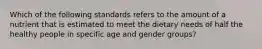 Which of the following standards refers to the amount of a nutrient that is estimated to meet the dietary needs of half the healthy people in specific age and gender groups?