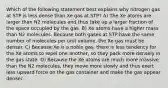 Which of the following statement best explains why nitrogen gas at STP is less dense than Xe gas at STP? A) The Xe atoms are larger than N2 molecules and thus take up a larger fraction of the space occupied by the gas. B) Xe atoms have a higher mass than N2 molecules. Because both gases at STP have the same number of molecules per unit volume, the Xe gas must be denser. C) Because Xe is a noble gas, there is less tendency for the Xe atoms to repel one another, so they pack more densely in the gas state. D) Because the Xe atoms are much more massive than the N2 molecules, they move more slowly and thus exert less upward force on the gas container and make the gas appear denser.