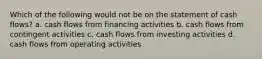 Which of the following would not be on the statement of cash flows? a. cash flows from financing activities b. cash flows from contingent activities c. cash flows from investing activities d. cash flows from operating activities