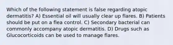 Which of the following statement is false regarding atopic dermatitis? A) Essential oil will usually clear up flares. B) Patients should be put on a flea control. C) Secondary bacterial can commonly accompany atopic dermatitis. D) Drugs such as Glucocorticoids can be used to manage flares.