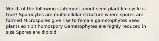 Which of the following statement about seed plant life cycle is true? Sporocytes are multicellular structure where spores are formed Microspores give rise to female gametophytes Seed plants exhibit homospory Gametophytes are highly reduced in size Spores are diploid