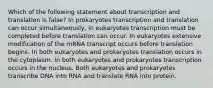 Which of the following statement about transcription and translation is false? In prokaryotes transcription and translation can occur simultaneously, in eukaryotes transcription must be completed before translation can occur. In eukaryotes extensive modification of the mRNA transcript occurs before translation begins. In both eukaryotes and prokaryotes translation occurs in the cytoplasm. In both eukaryotes and prokaryotes transcription occurs in the nucleus. Both eukaryotes and prokaryotes transcribe DNA into RNA and translate RNA into protein.