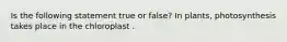 Is the following statement true or false? In plants, photosynthesis takes place in the chloroplast .