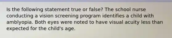 Is the following statement true or false? The school nurse conducting a vision screening program identifies a child with amblyopia. Both eyes were noted to have visual acuity less than expected for the child's age.