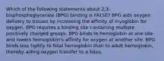 Which of the following statements about 2,3-bisphosphoglycerate (BPG) binding is FALSE? BPG aids oxygen delivery to tissues by increasing the affinity of myoglobin for oxygen. BPG requires a binding site containing multiple positively charged groups. BPG binds to hemoglobin at one site and lowers hemoglobin's affinity for oxygen at another site. BPG binds less tightly to fetal hemoglobin than to adult hemoglobin, thereby aiding oxygen transfer to a fetus.