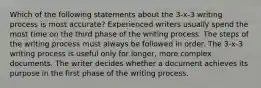 Which of the following statements about the 3-x-3 writing process is most accurate? Experienced writers usually spend the most time on the third phase of the writing process. The steps of the writing process must always be followed in order. The 3-x-3 writing process is useful only for longer, more complex documents. The writer decides whether a document achieves its purpose in the first phase of the writing process.