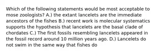 Which of the following statements would be most acceptable to mose zoologists? A.) the extant lancelets are the immediate ancestors of the fishes B.) recent work is molecular systematics supports the hypothesis that lancelets are the basal clade of chordates C.) The first fossils resembling lancelets appeared in the fossil record around 10 million years ago. D.) Lancelets do not swim in the same way that fishes do